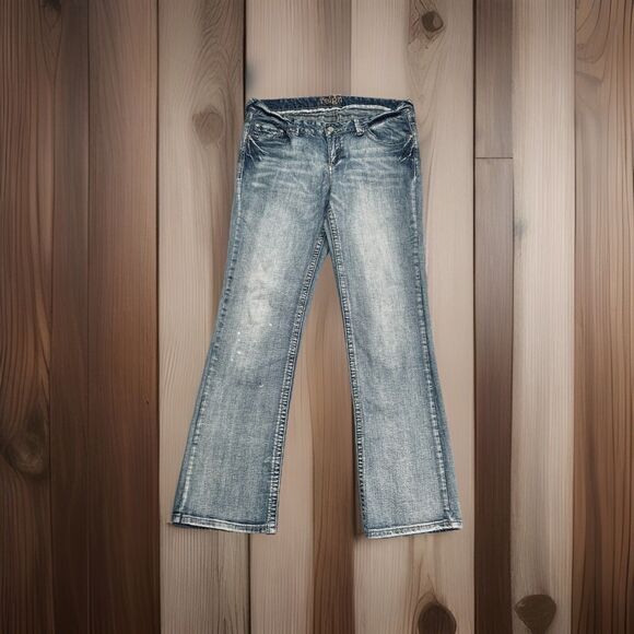 Reign Bootcut Jeans 11/13 Blue Low Rise Splatter Stretch Denim Measure 33 x 30.5 - Picture 1 of 9